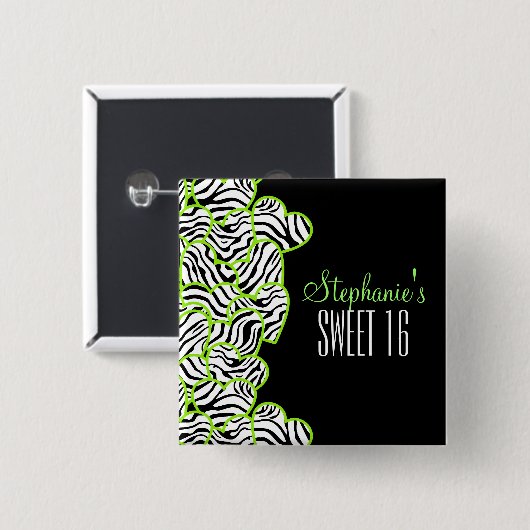 Stylish Green Sweet 16 Zebra Herzdesign Name Button (Vorne & Hinten)