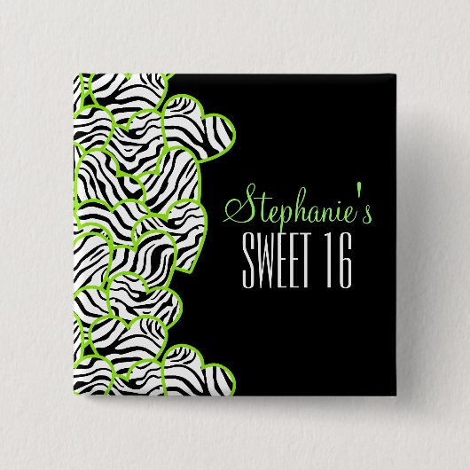 Stylish Green Sweet 16 Zebra Herzdesign Name Button (Vorderseite)