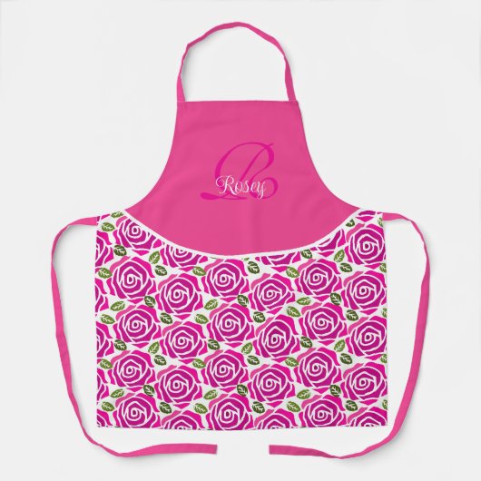 Stylish Initial Name Hot Pink Magenta Roses Custom Schürze (Vorderseite)