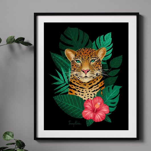 Stylish Jungle Leopard Floral Art | Green Black Poster