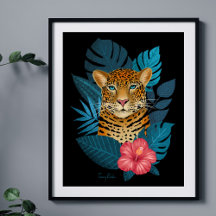 Stylish Jungle Leopard Floral Art | Navy Blue