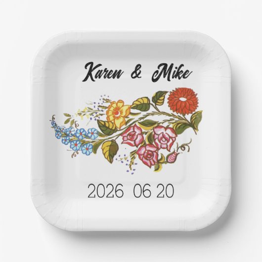 Stylish Kalocsai flowers - personalized wedding Pappteller (Vorderseite)