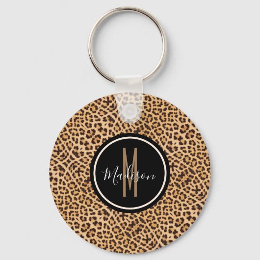 Stylish Leopard Print Monogrammed Script Name Schlüsselanhänger (Vorderseite)