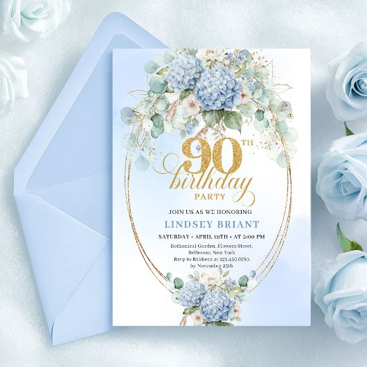 Stylish Light Blue Hydrangeas 90th Birthday Invite Einladung