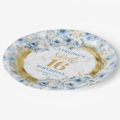 Stylish Light Blue Sweet 16 Gold Glitzer Party Pappteller (Schrägansicht)