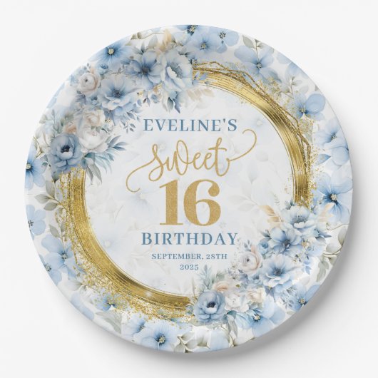 Stylish Light Blue Sweet 16 Gold Glitzer Party Pappteller (Vorderseite)