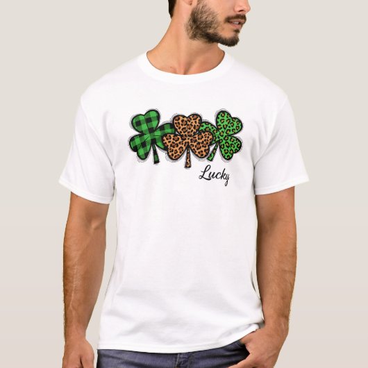 Stylish Lucky Clover Buffalo Plaid Leopard Art T-Shirt (Vorderseite)