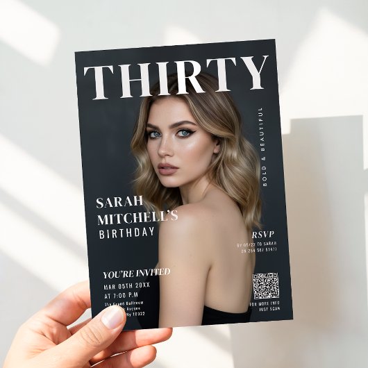 Stylish Magazine Cover Photo 30th Birthday QR Code Einladung