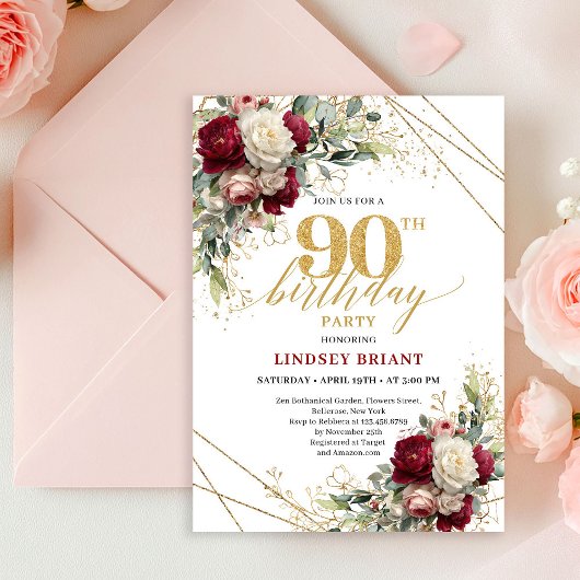 Stylish Marsala Gold Roses 90th Birthday Invitatio Einladung