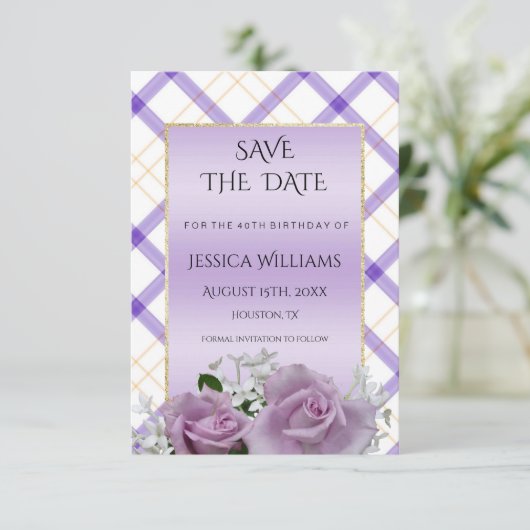 Stylish Mauve Floral Birthday Save the Date (Stehend Vorderseite)