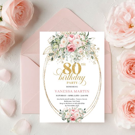 Stylish Minimal Blush Floral 80th Birthday Invite Einladung