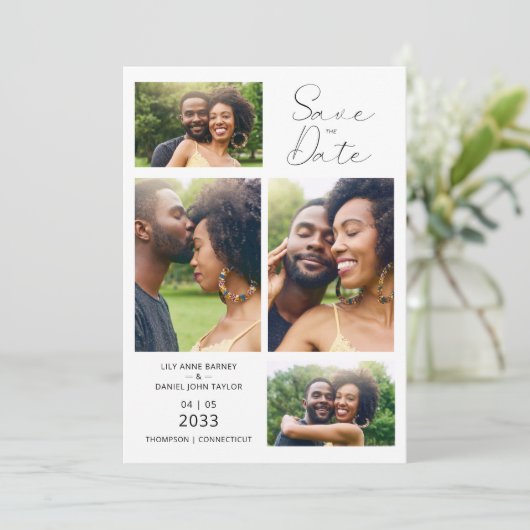 Stylish Minimalist Custom 4-Photo Wedding Save The Date (Stehend Vorderseite)