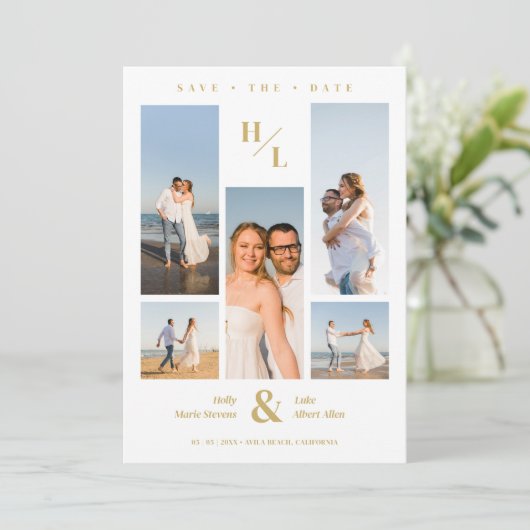 Stylish Minimalist Initials Collage 5 photos Save The Date (Stehend Vorderseite)
