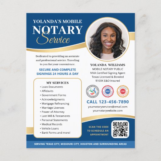 Stylish Mobile Notary Public QR Code Blue Editable Flyer (Vorne)