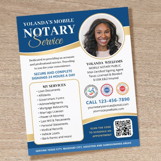 Stylish Mobile Notary Public QR Code Blue Editable Flyer