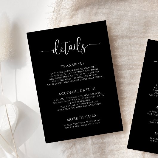 Stylish Modern Calligraphy Black Wedding Details Begleitkarte