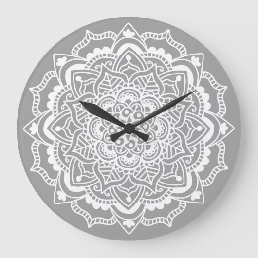 Stylish Modern Grey White Boho Bohemian Mandala Große Wanduhr (Vorderseite)
