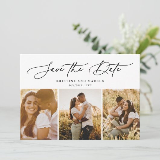 Stylish Modern Script 3-Foto Multi Save The Date (Stehend Vorderseite)