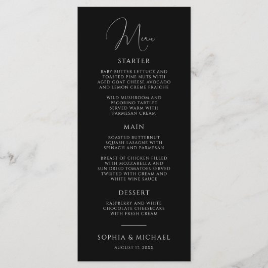 Stylish Modern Script Black And White Wedding Menükarte (Vorderseite)