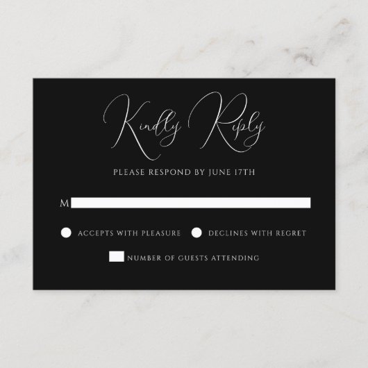 Stylish Modern Script Black And White Wedding RSVP Karte (Vorderseite)