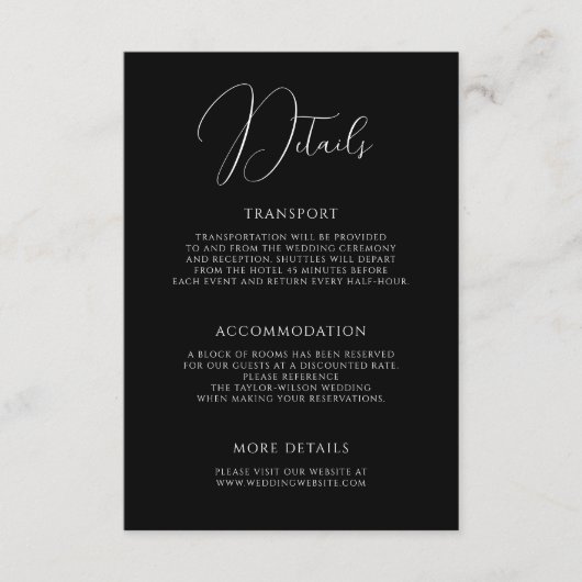 Stylish Modern Script Black Wedding Details Begleitkarte (Vorderseite)
