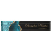 Stylish Modern Teal Black Gold Glitter Script Namensplakette (Vorderseite)