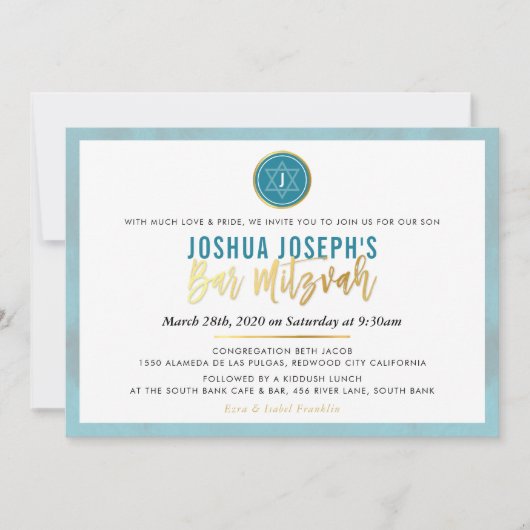 STYLISH MONOGRAM BAR MITZVAH aquamarin-blaues Gold Einladung (Vorderseite)