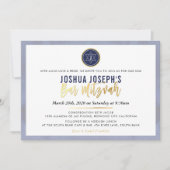 STYLISH MONOGRAM BAR MITZVAH-Blaugoldskript Einladung (Vorderseite)