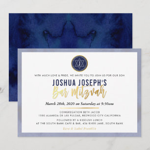 STYLISH MONOGRAM BAR MITZVAH-Blaugoldskript Einladung