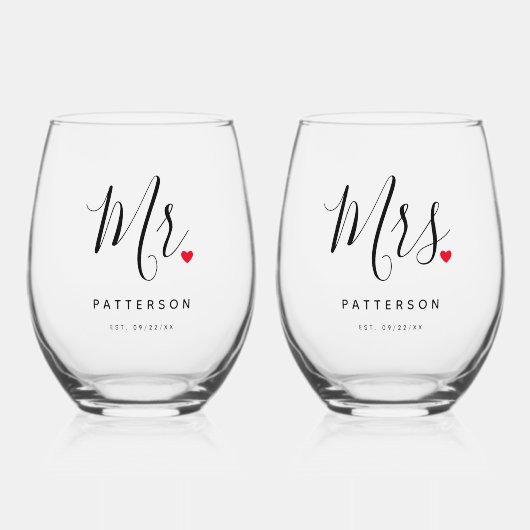 Stylish Mr. & Mrs. Custom Nachname & Date Wedding Weinglas Ohne Stiel (Vorderseite)