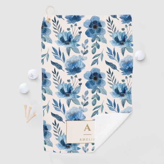 Stylish Navy Blue Watercolor Flowers Monogram Golfhandtuch (Insitu)