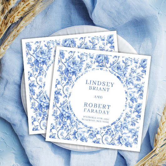 Stylish Navy Toile Roses Personalized Wedding Serviette