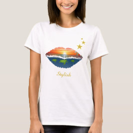 Stylish Ozean Sonnenaufgang Lippen, Sterne und Kal T-Shirt