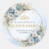 Stylish Pastel Blue Gold Eucalyptus Quinceañera Runder Aufkleber (Vorderseite)