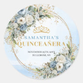 Stylish Pastel Blue Gold Eucalyptus Quinceañera  Runder Aufkleber (Vorderseite)