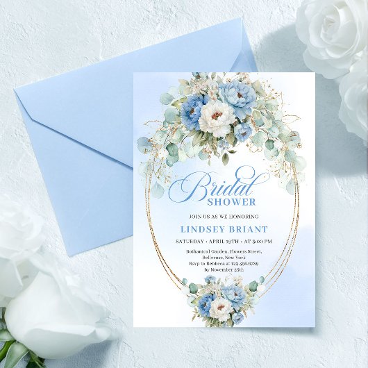 Stylish Pastel Blue Peony Gold Bridal Shower Card Einladung
