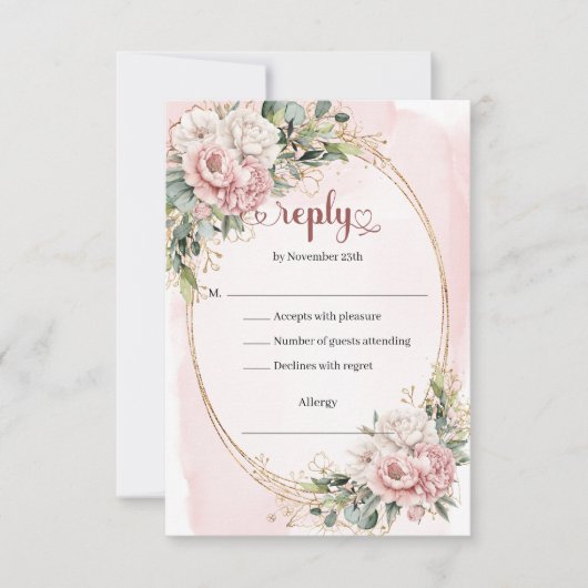 Stylish Pastel Pink Rose Gold Wedding RSVP Card (Vorderseite)