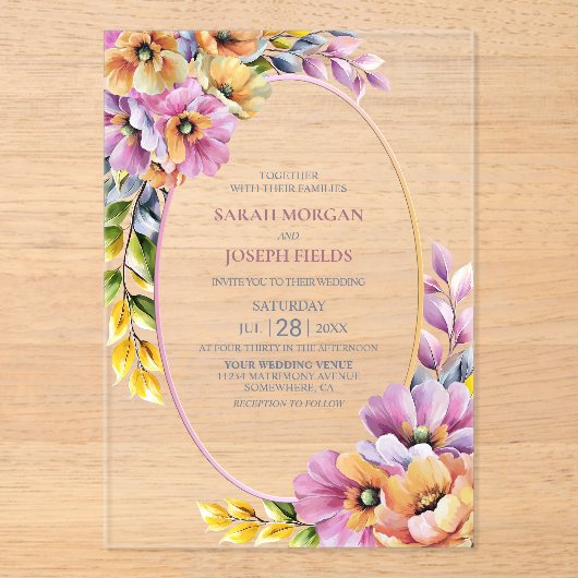Stylish Pink and Orange Floral Wedding Acryleinladungen (Vorderseite)