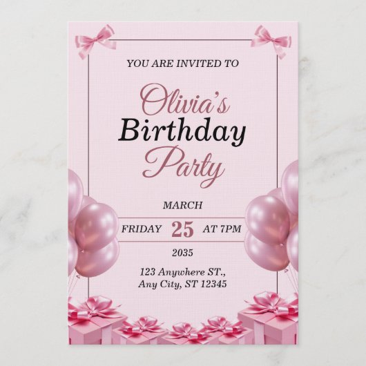 Stylish pink Birthday Invitation Card Einladung (Vorderseite)