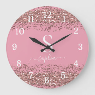 Stylish Pink Glitter Monogram Script Name Große Wanduhr