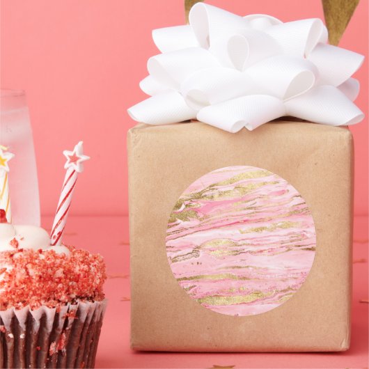 Stylish Pink Gold Abstract Marble Liquid Paint Runder Aufkleber (Party)