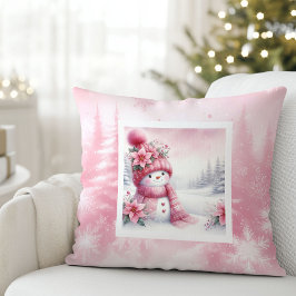 Stylish Pink Snowman Winter Scene Kids Gift Pillow Kissen