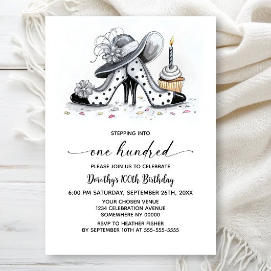 Stylish Polka Dot High Heel Shoes 100th Birthday Einladung