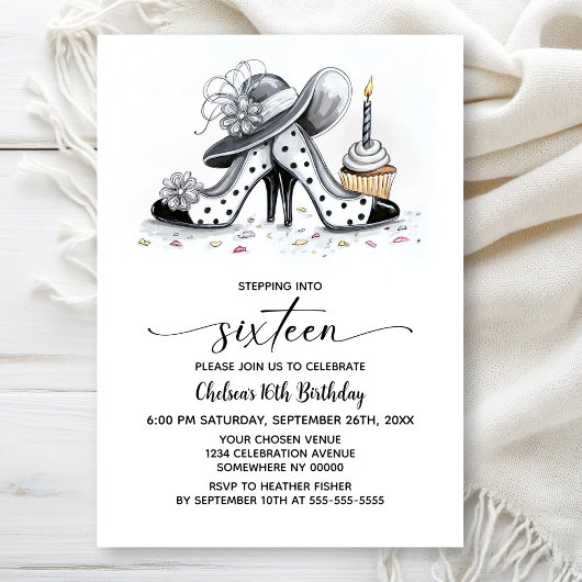 Stylish Polka Dot High Heel Shoes 16th Birthday Einladung