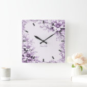 Stylish Purple Flowers Wall Clock Quadratische Wanduhr (Zuhause)