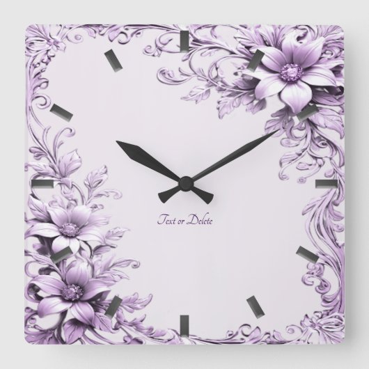 Stylish Purple Flowers Wall Clock Quadratische Wanduhr (Vorderseite)