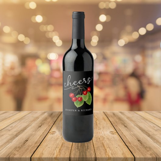 Stylish Red Black Cheers Cherries Modern Script Weinetikett