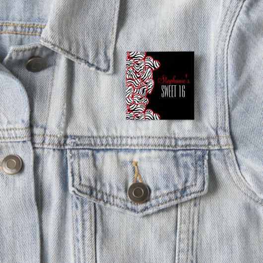 Stylish Red Sweet 16 Zebra Herzdesign Name Button (Beispiel)