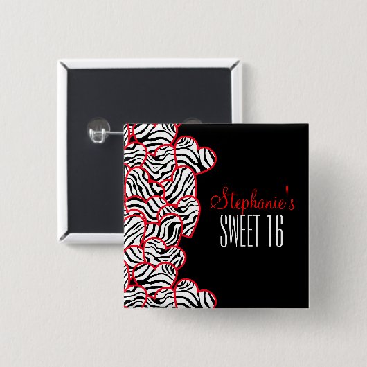 Stylish Red Sweet 16 Zebra Herzdesign Name Button (Vorne & Hinten)