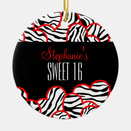 Stylish Red Sweet 16 Zebra Herzdesign Name Keramik Ornament (Vorne)